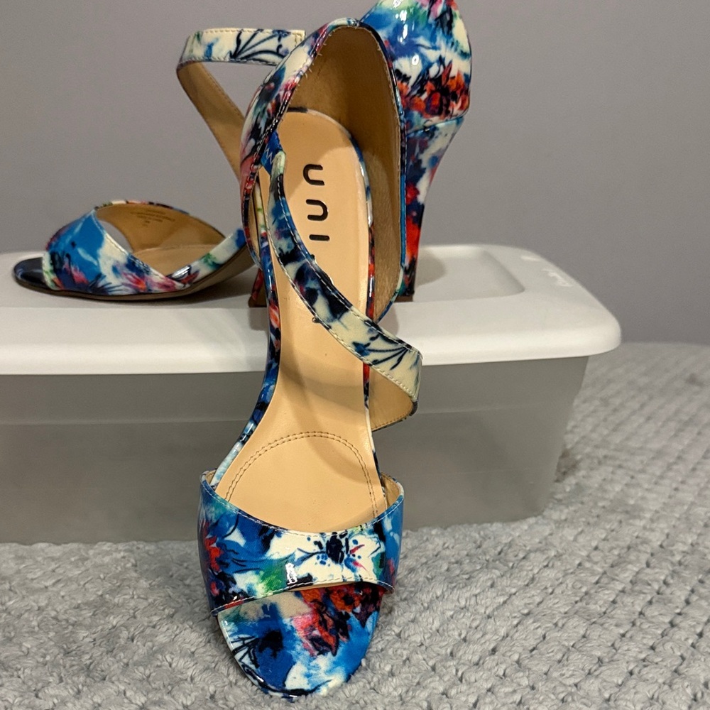 Unisa Blue Multi Floral Strappy High Heel Sandals